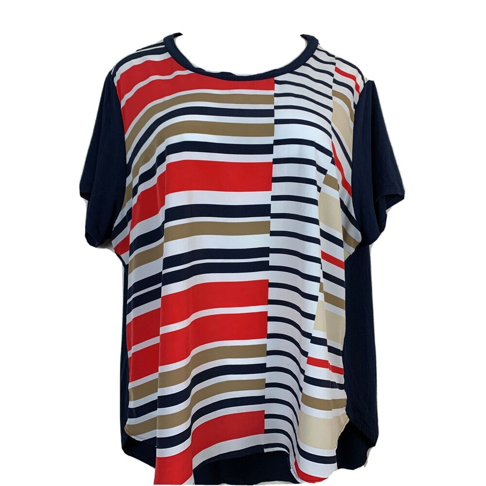 Vince Camuto Top Blouse Shirt Scoop Neck Short Sleeve Blue Geo Women's Plus 3X